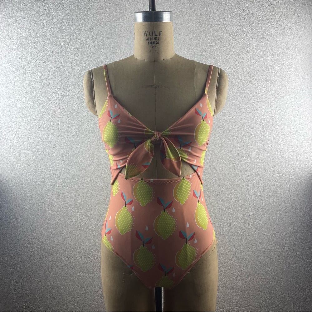 ModCloth l XS Retro Novelty Lemon Print Peek-a-Boo Cut-Out Tie Bodice Swimsuit